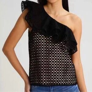 J. Crew Ruffle One Shoulder Black & Nude Eyelet Tank Blouse Lined Cocktail Sz 2